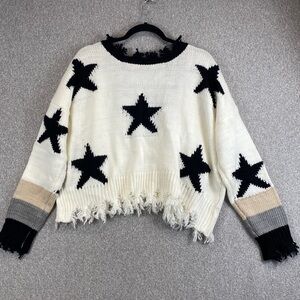 Storia cropped sweater chunky knit raw edge star graphics plunge celestial